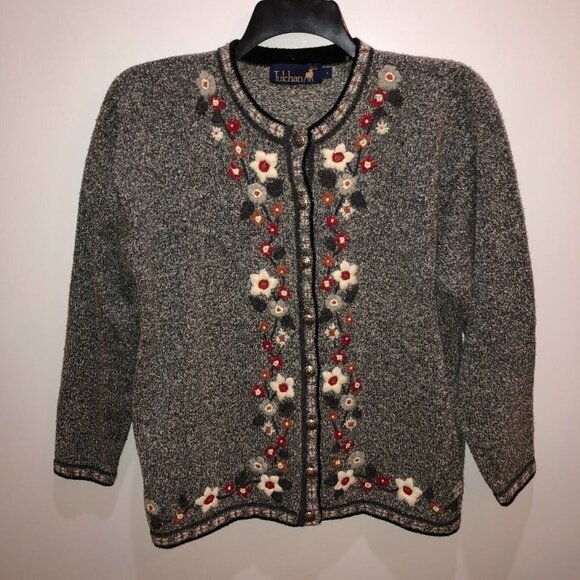 Tulchan Womens Large Gray Heather Flower Embroidered Cardigan Sweater Sz L - Picture 3 of 11